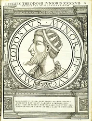 Teodósio, o mais jovem, desde o general comandante das Roman Leste e Oeste mais verdadeiras imagens de moedas antigas, gravura por Rudolph Wyssenbach, impressos por Andreas Gessner Z